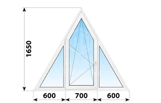 Трехстворчатое треугольное пластиковое окно 1900x1650 Г-ПО-Г